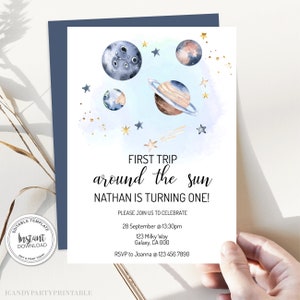 First Trip Around The Sun Birthday Invitation, 1st Birthday Outer Space Party, Editable Invitation, Instant Download, image 5
