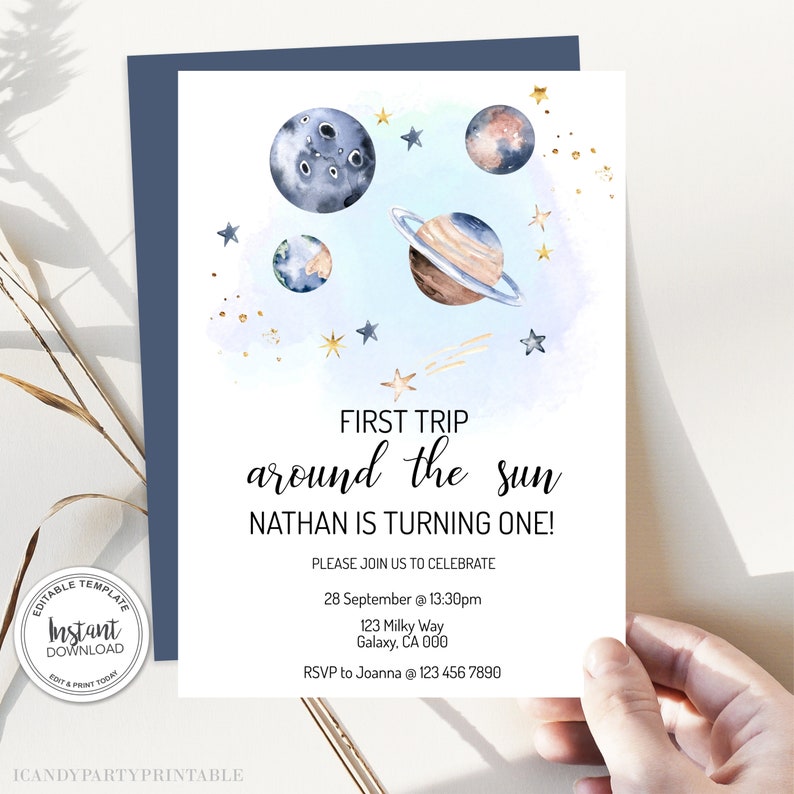 First Trip Around The Sun Birthday Invitation, 1st Birthday Outer Space Party, Editable Invitation, Instant Download, image 5