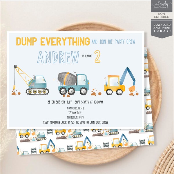 Construction Birthday Invitation, Boy Dump Truck Invite, Instant Download, Editable Printable Template