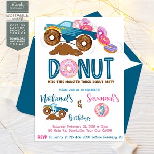 Monster Truck Birthday Invitation for a Boy and Girl, Donut Invitation, Monster Truck Party, Editable Instant download