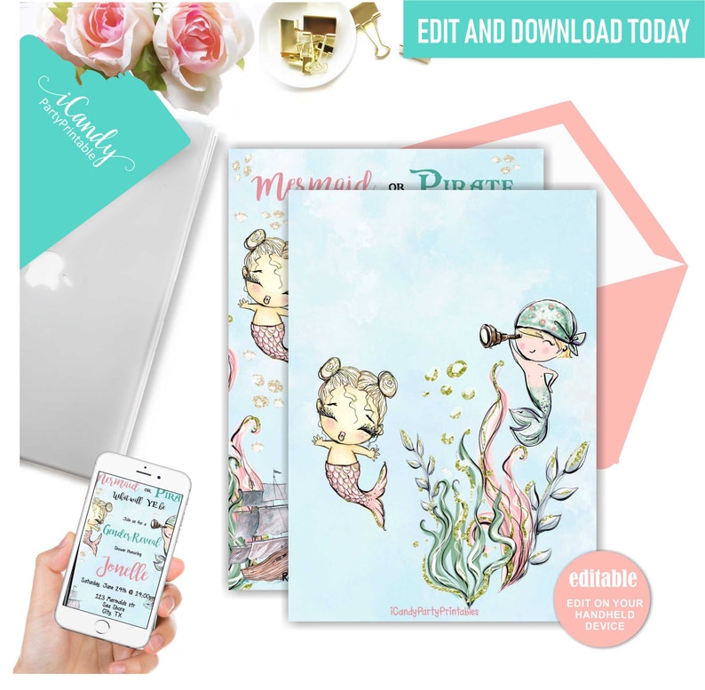 Gender Reveal Invitation, Mermaid or Pirate Invitation, Editable Instant Download image 2