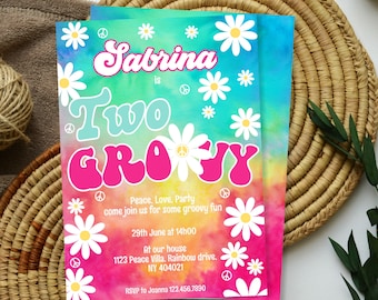 Two Groovy  Birthday Invitation, Tie Dye Hippie Birthday Party, Retro Daisy 2nd Birthday, Editable Instant Download,