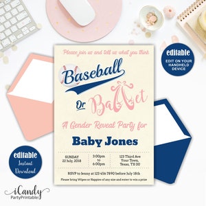 Baseball or Ballet Gender Reveal Invitation,  Editable Instant Download,