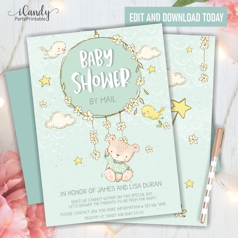 Baby Shower by Mail Invitation Teddy Bear Boy Invitations Etsy