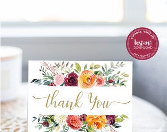 Thank you Cards, Floral Thank You Card, Printable, Instant Download