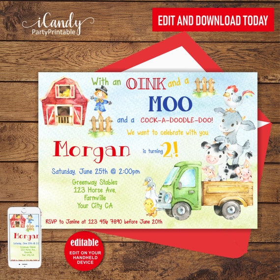 Farm Birthday Invitation, Farm Birthday Party, Old McDonald Farm, Boy, Self editing and INSTANT ACCESS Il_570xn