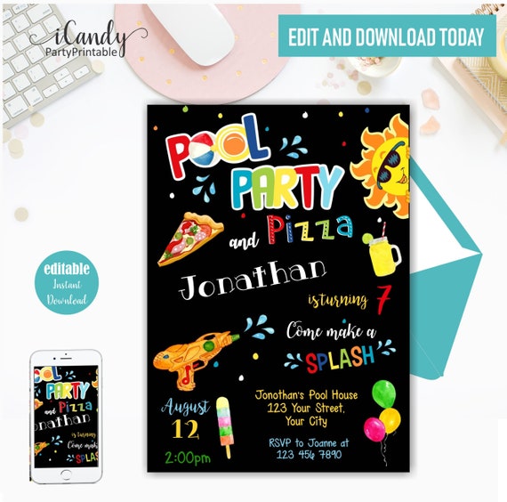 Pool Party Invitation, Swimming Birthday Party Invite, Pool and Pizza