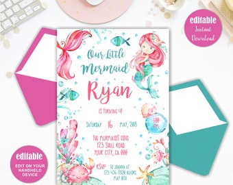 Mermaid Invitation, Mermaid Birthday Invitation, Little Mermaid Party, Editable invitation, Corjl