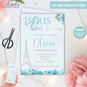 Sweet 16 Invitation, Sweet Sixteen Invitation, Paris Invitation, Quinceanera Invite, Edit yourself, Instant download