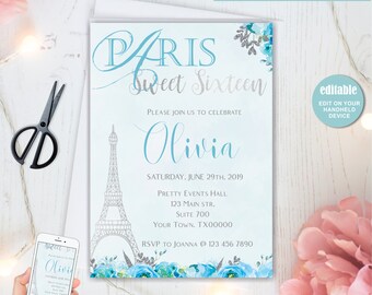 Sweet 16 Invitation, Sweet Sixteen Invitation, Paris Invitation, Quinceanera Invite, Edit yourself, Instant download