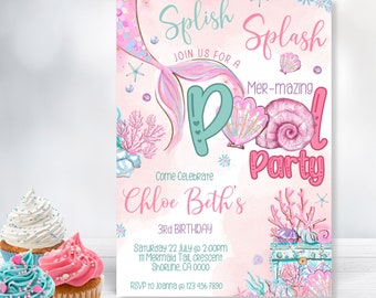 Editable Mermaid Invitation, Under the Sea Pool Party Invitation for Girls, Pool Birthday Party Invite, Instant Download,