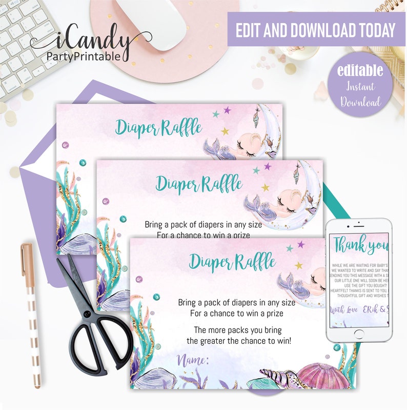 Diaper Raffle game Editable Diaper Raffle Card Mermaid Baby Shower Instant download,
