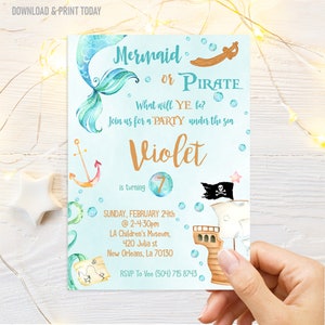Mermaid or Pirate Birthday Invitation, Mermaid and Pirate Party, Mermaid invitation, Editable Instant Download