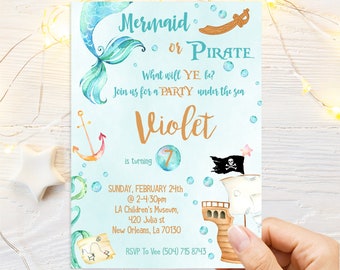 Mermaid or Pirate Birthday Invitation, Mermaid and Pirate Party, Mermaid invitation, Editable Instant Download