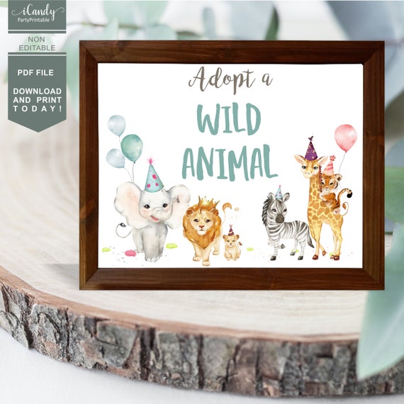 Adopt an Animal Birthday Sign, Adopt a Wild Animal Table Sign, Party Animal Birthday Printable Instant Download Il_570xn
