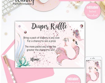 Mermaid Baby Shower Diaper Raffle Cards, Mermaid Baby Shower, Printable Diaper Raffle cards, Editable