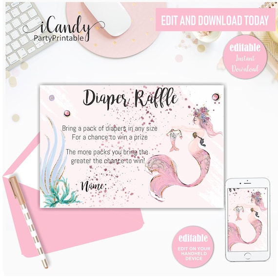 Mermaid Baby Shower Diaper Raffle Cards, Mermaid Baby Shower, Printable Diaper Raffle cards, Editable Il_570xn