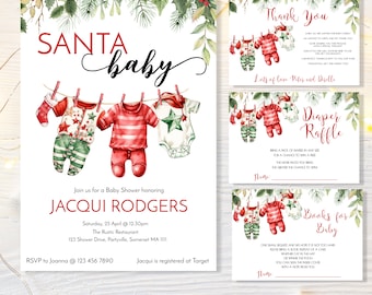 Editable Santa Baby Shower Invitation Set, Baby Laundry Shower Invite, Christmas Baby Shower Invitation, Santa Baby Shower Thank You Card,