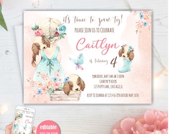 Puppy Birthday Invitation, Dog Birthday Party, Girl Birthday Invitation, Printable Editable instant download