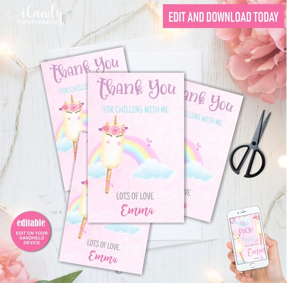 Popsicle Birthday thank you card, Self Editing Thank you Printable card, Unicorn Invitation, Instant download Il_570xn