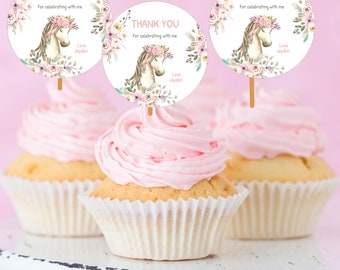 Horse Cupcake Toppers for Girl, Saddle Up Pony Birthday Party Decoration, Pink Cowgirl Floral Horse, Digital Download