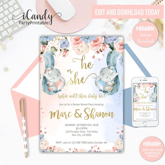 Gender Reveal Invitation, Elephant Baby Shower Invite, INSTANT DOWNLOAD, Elephant Baby Shower, Il_570xn