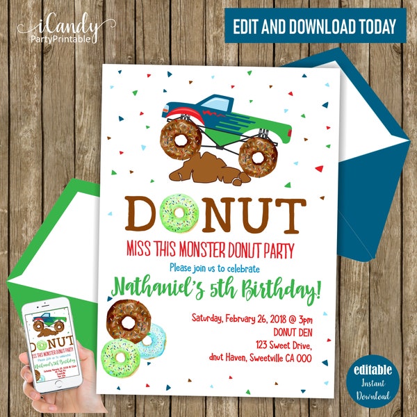 Monster Truck Birthday Invitation, Donut Birthday Invitation, Printable Donut Invitation, Instant download