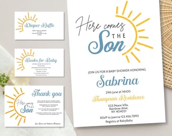 Here Comes the Son Baby Shower Invitation Set Sunshine Baby Shower Bundle Editable Instant Download