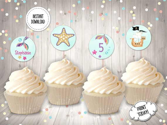 Mermaid Cupcake Toppers for a Girl, Mermaid Party, DIY Editable, Instant download Il_570xn