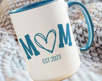 Mom EST 2023 Coffee Mug, New Mom Gift, Mother's Day Mug, Heart Graphic, Pregnancy Reveal Mug, Gift for New Parents,