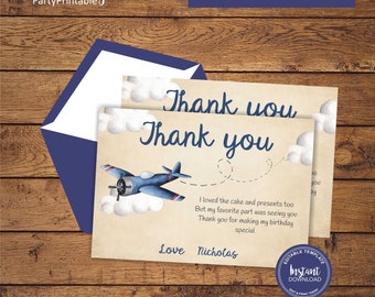 Airplane Thank You Cards for a Boy Birthday Party, Editable Printable Thank you cards, Instant Download,