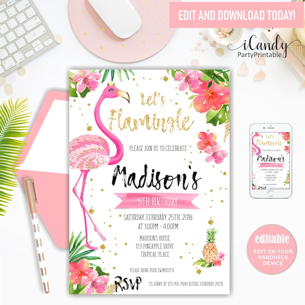 Flamingo Birthday Invitation Printable, Let's Flamingle Girl Birthday Invite, Flamingo, Instant Download,