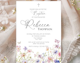 Baptism Invitation, Wildflower Baptism Invitation Girl, Editable Wildflower Baptism, Christening Invitation, Printable Instant Download,