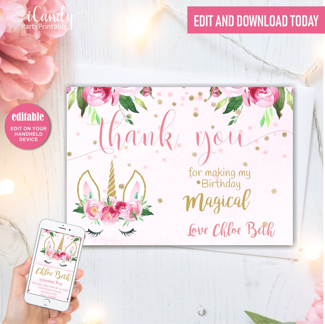Unicorn Thank You Cards Printable Unicorn Thank You Card - Etsy