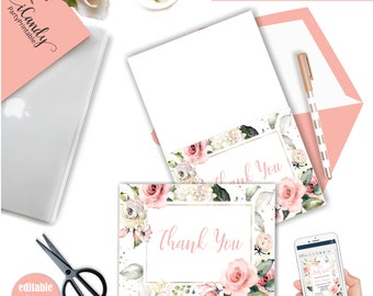 Printable Thank You Cards, Thank you Cards, Floral, Editable Card, Instant Download