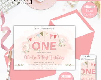 Bunny Birthday Invitation, Bunny Invitation, 1st Birthday, Easter Birthday Party, Editable Invitation,