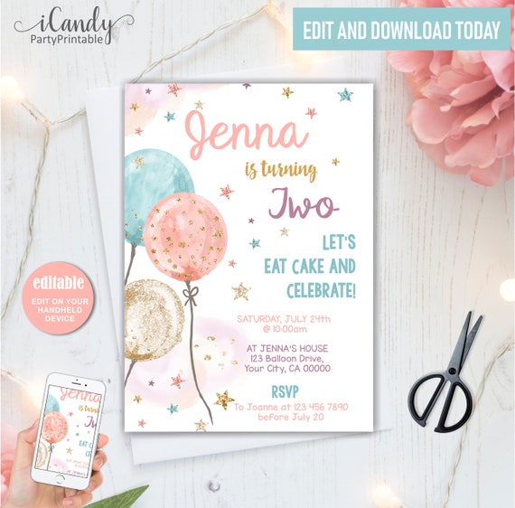 Balloon Birthday Invitation, Girl Balloon Party, Pink and Blue Printable Digital Invitation, Il_570xn