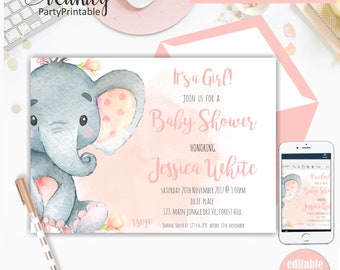 Elephant Baby Shower Invitation, It's a Girl Baby Shower, Editable Instant Download