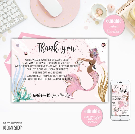 Mermaid Baby Shower, Thank You Card, Printable Thank you card, Editable Template, Instant download Il_570xn