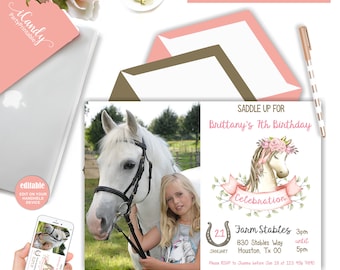 Horse Birthday Invitation, Horse Photo Invitation, Shabby Chic Horse Invitation, Editable, Instant download,