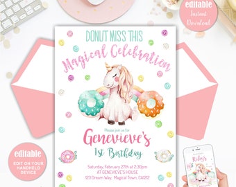Unicorn Invitation, Magical Unicorn Invitation, Doughnut Birthday, Donut Invitation,  Instant Download,