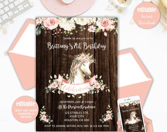 Horse Birthday Invitation, Shabby Chic, Horse Invitation, Cowgirl Invite, Printable Template,