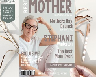 Mother's Day Magazine Cover Invitation,  Mothers Day Photo Invitation, Mother's Day Brunch, Editable Instant Download,