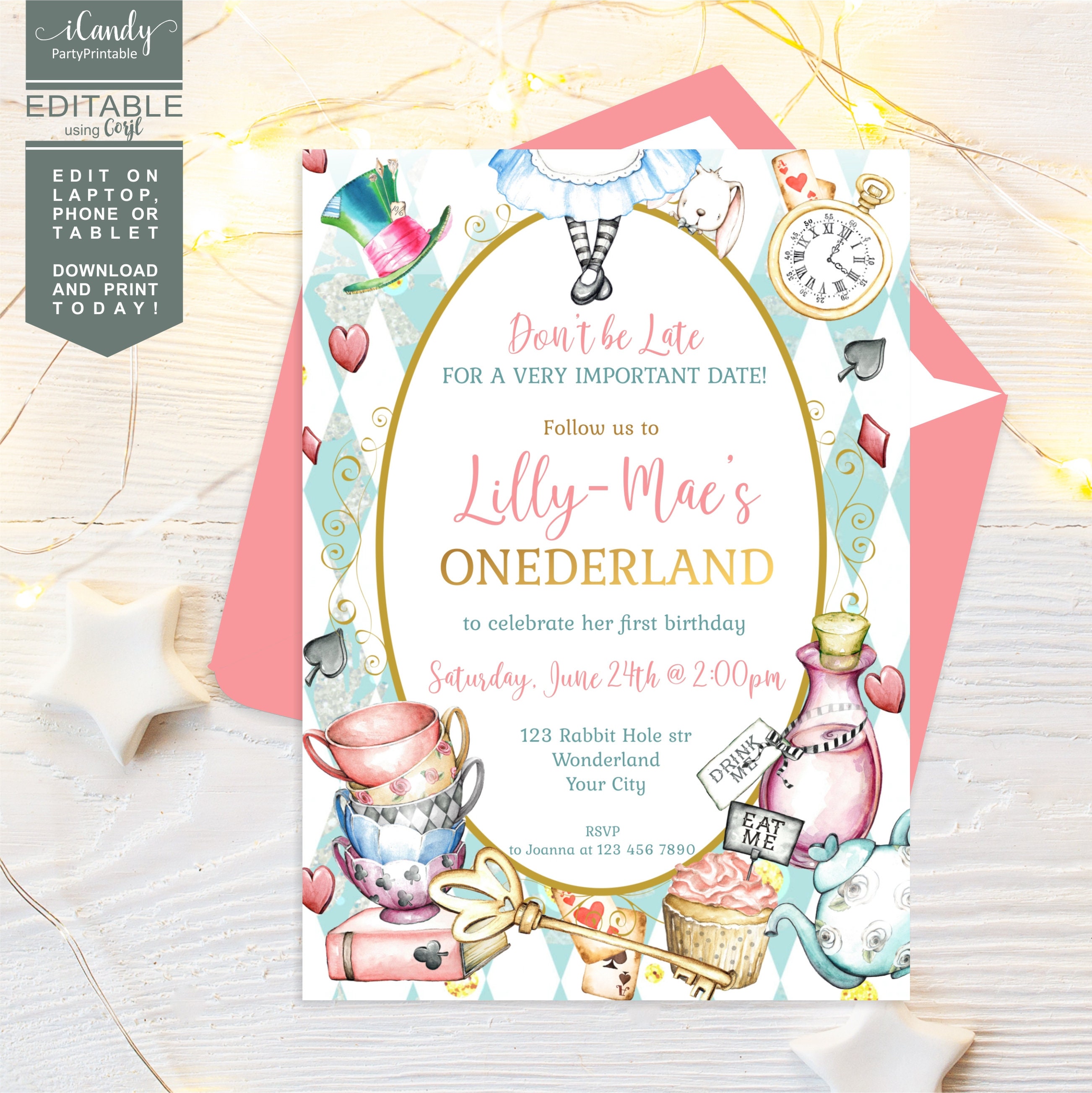 Alice In The Wonderland Invitations, Onederland Theme