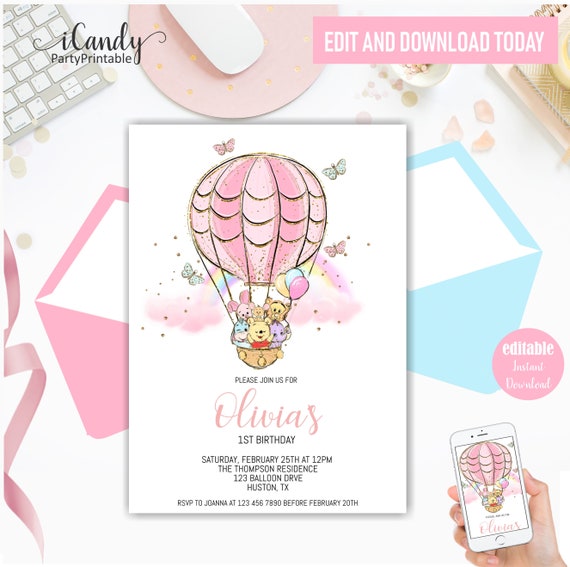 Hot Air Balloon Invitation, 1st Birthday Invitation for a Girl, Rainbow Invitation, INSTANT DOWNLOAD Il_570xn