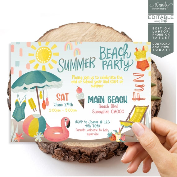 Editable Summer Beach Party Invitation, End of School Party, Hello Summer Party, Instant Download, Il_570xn