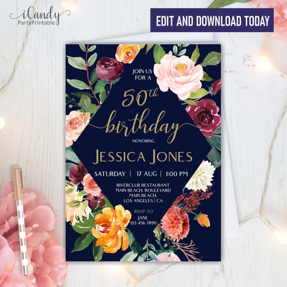 50th, Birthday Invitation for Women, Editable Invitation, Instant Download Il_570xn