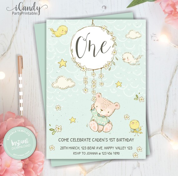 Birthday Invitation, Teddy Bear, First Birthday, Son, Editable Invitation, Il_570xn