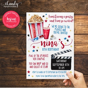 Movie Night Birthday Invitation, Cinema Invitation, Editable and Printed by you, Instant Access,