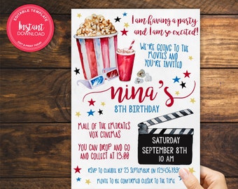 Movie Night verjaardagsuitnodiging, bioscoopuitnodiging, bewerkbaar en door jou gedrukt, directe toegang,